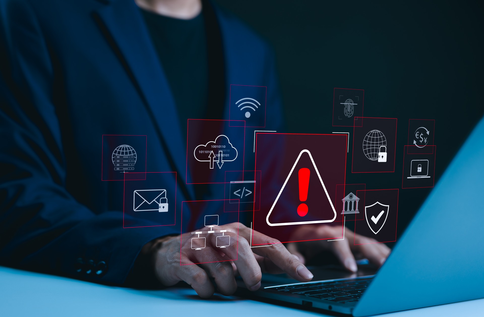 Cybersecurity warning alert system concept. Businessman working on laptop. Computer network hack, crime and virus, Malicious software, compromised information, illegal connection, data vulnerability,